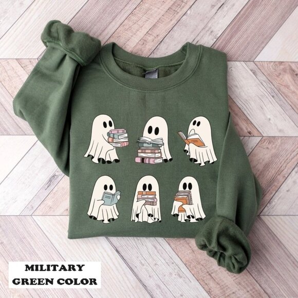 Ghost Reading Books Sweater Bookish Halloween Sweatshirt Halloween Teacher Gift - Picture 1 of 5